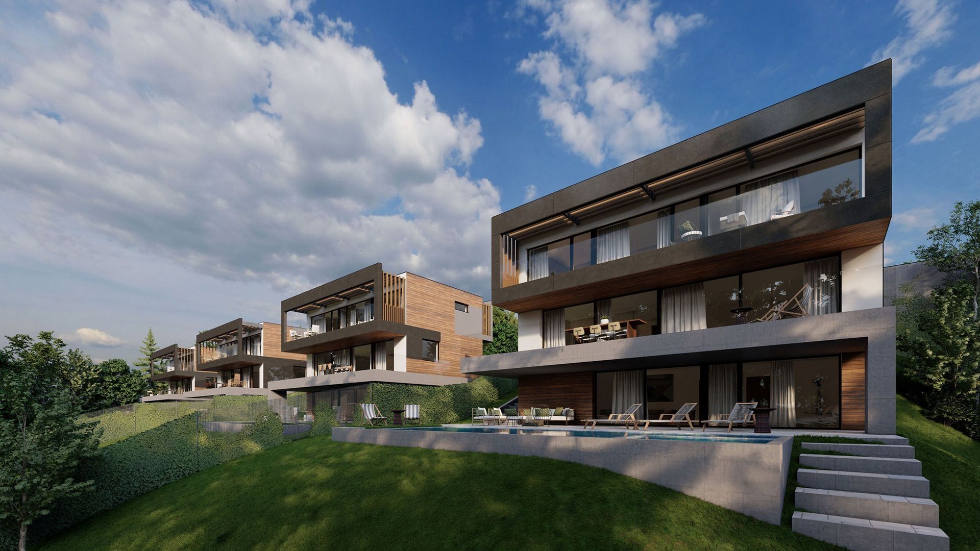 Moderne Doppelhaushälften mit Pool und großzügiger Terrasse