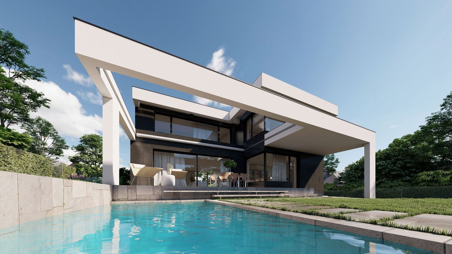 Moderne Villa mit Pool und markanter Flachdach Architektur