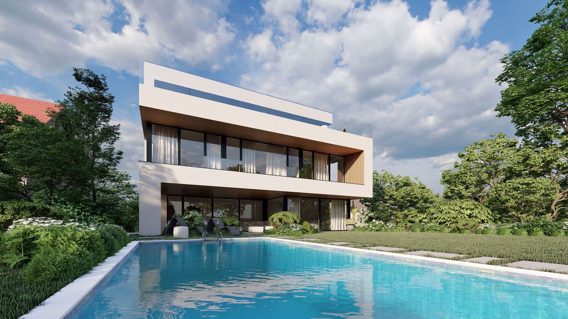 Modernes Einfamilienhaus mit Pool und großer Glasfassade im Garten