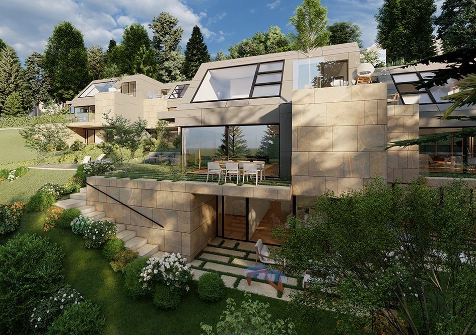 Modernes Hanghaus mit großer Terrasse und Panoramafenstern