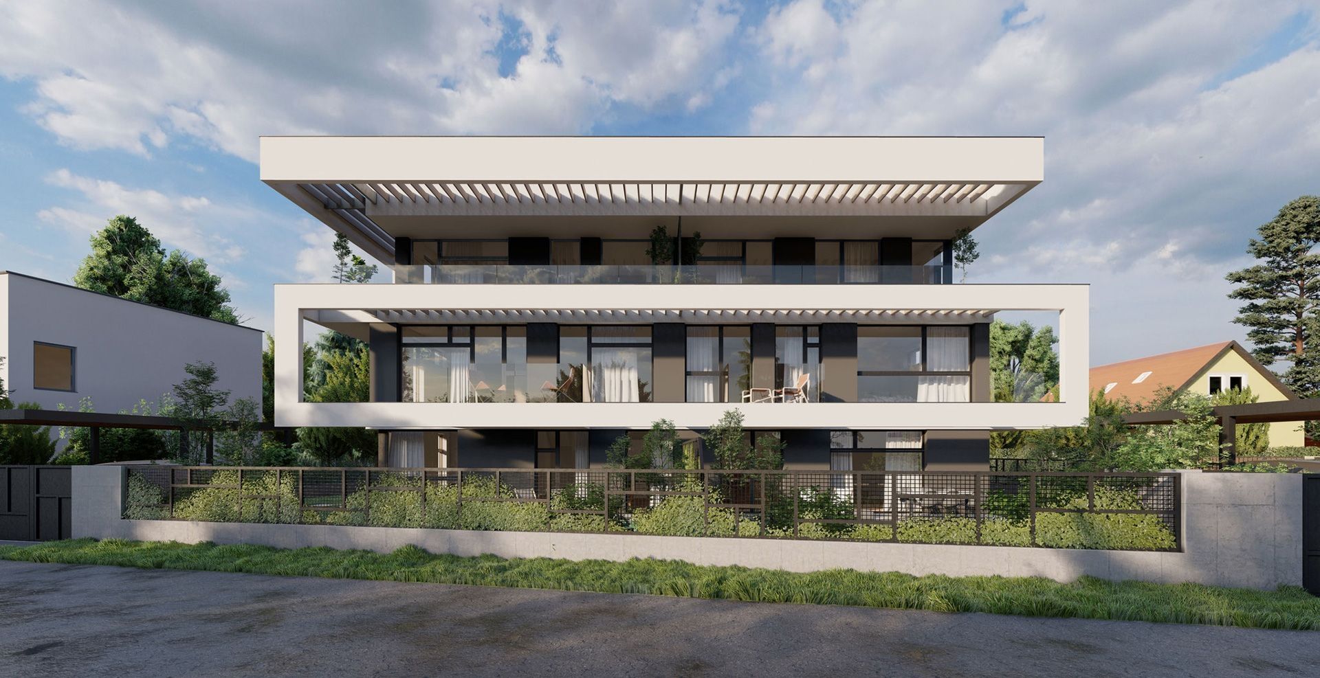 Modernes Mehrfamilienhaus mit Balkonen und Flachdach