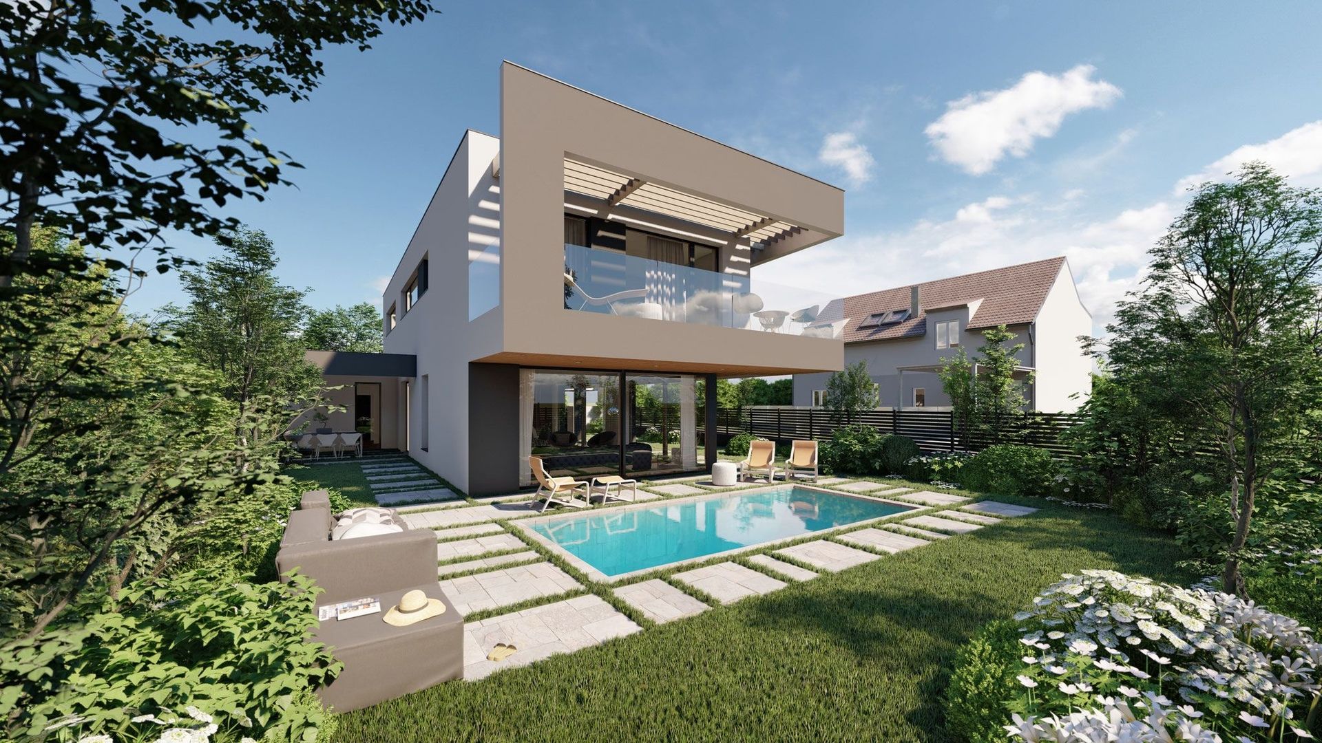 Moderne Villa mit Pool und auskragendem Obergeschoss