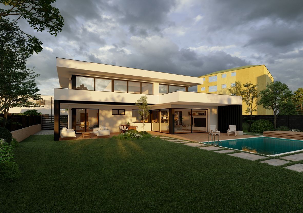 Modernes Einfamilienhaus mit Pool und beleuchteter Terrasse