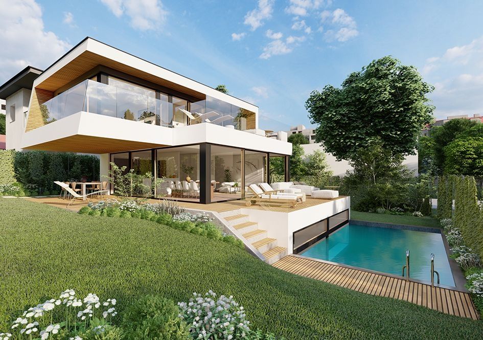 Modernes Einfamilienhaus mit Pool und Glasbalkon am Hang