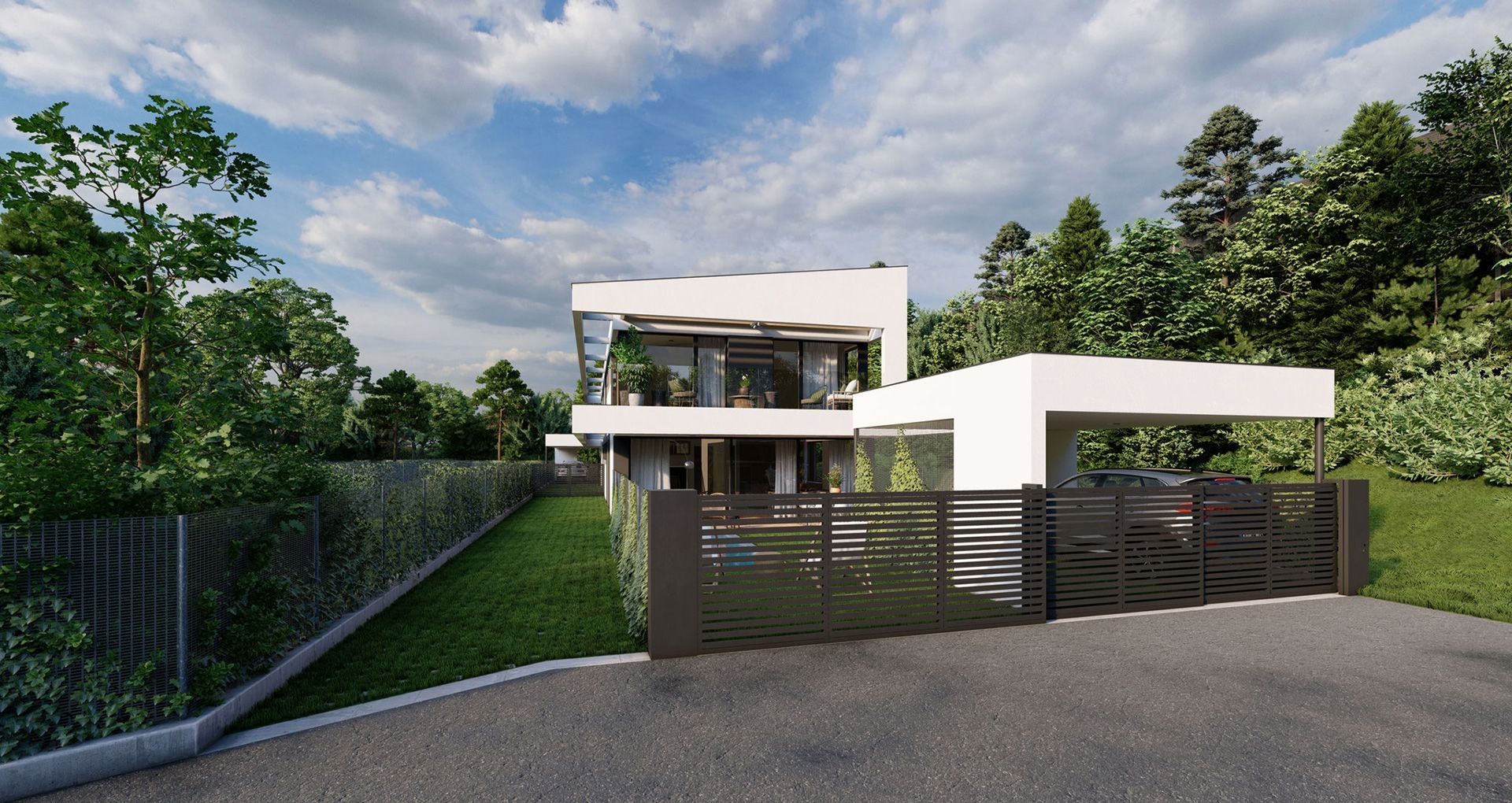 Moderne Doppelhaushälfte mit Flachdach und Einfahrt