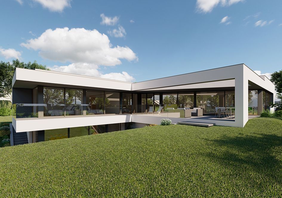 Moderne Winkelvilla mit Glasfassade und Innenhof