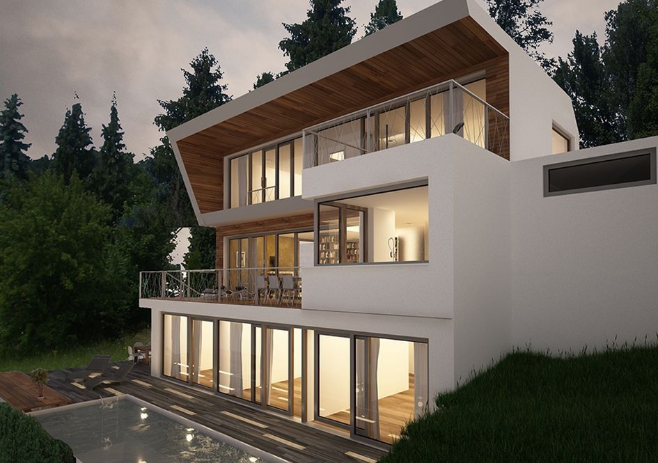 Moderne Villa mit Holzuntersicht und großer Glasfront