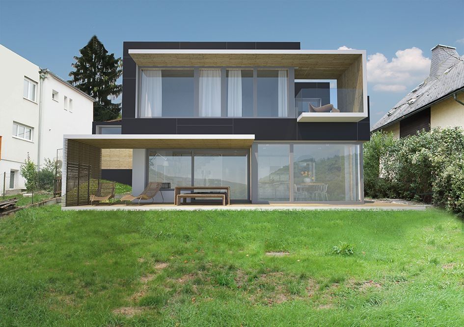 Moderne Villa mit Flachdach und großer Glasfront