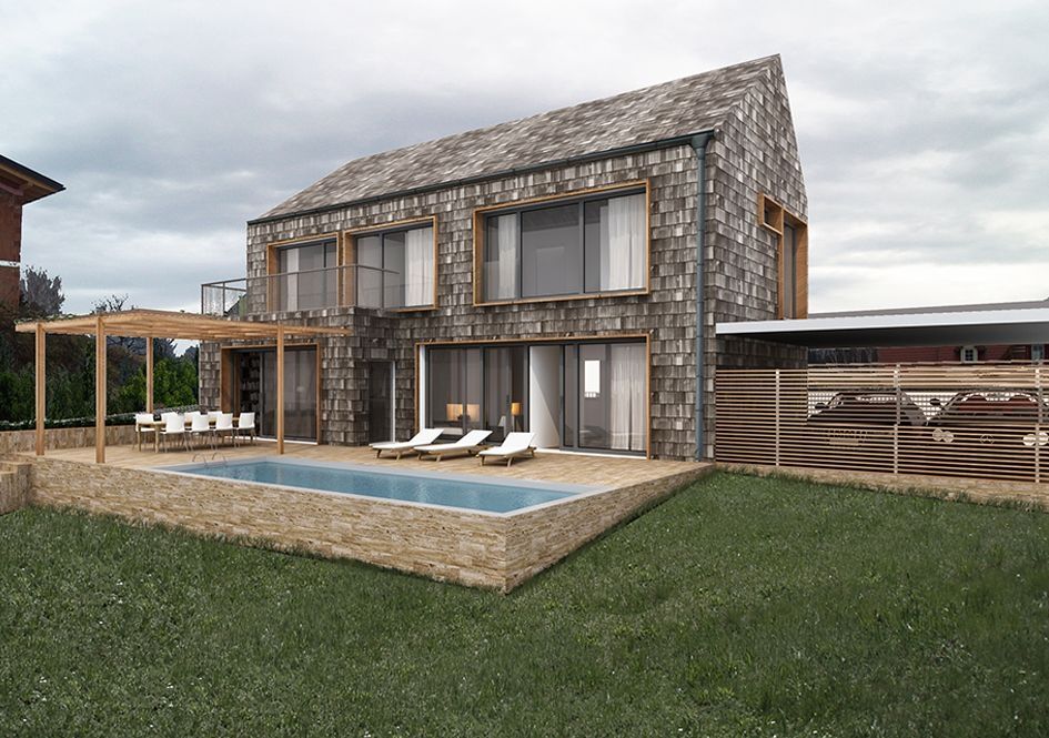 Modernes Holzhaus mit Satteldach und Pool