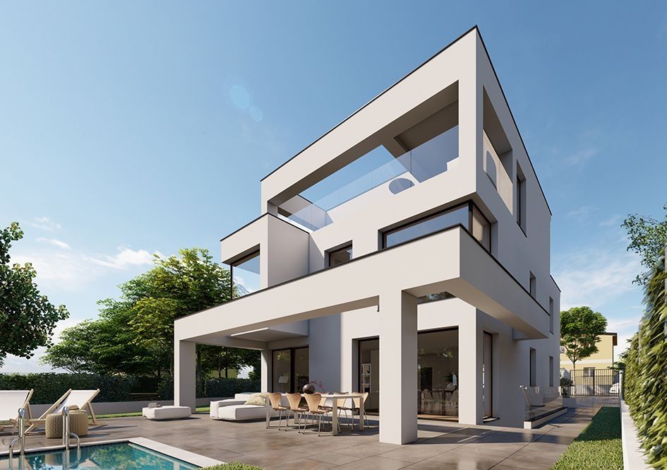 Moderne Stadtvilla mit auskragendem Obergeschoss