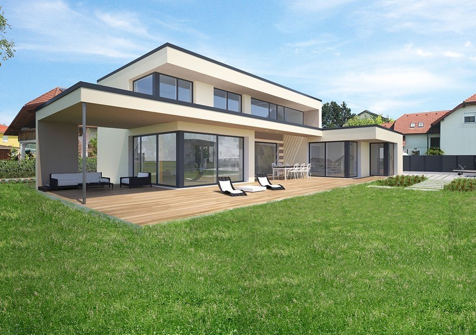 Modernes Einfamilienhaus mit großer Holzterrasse und Garten