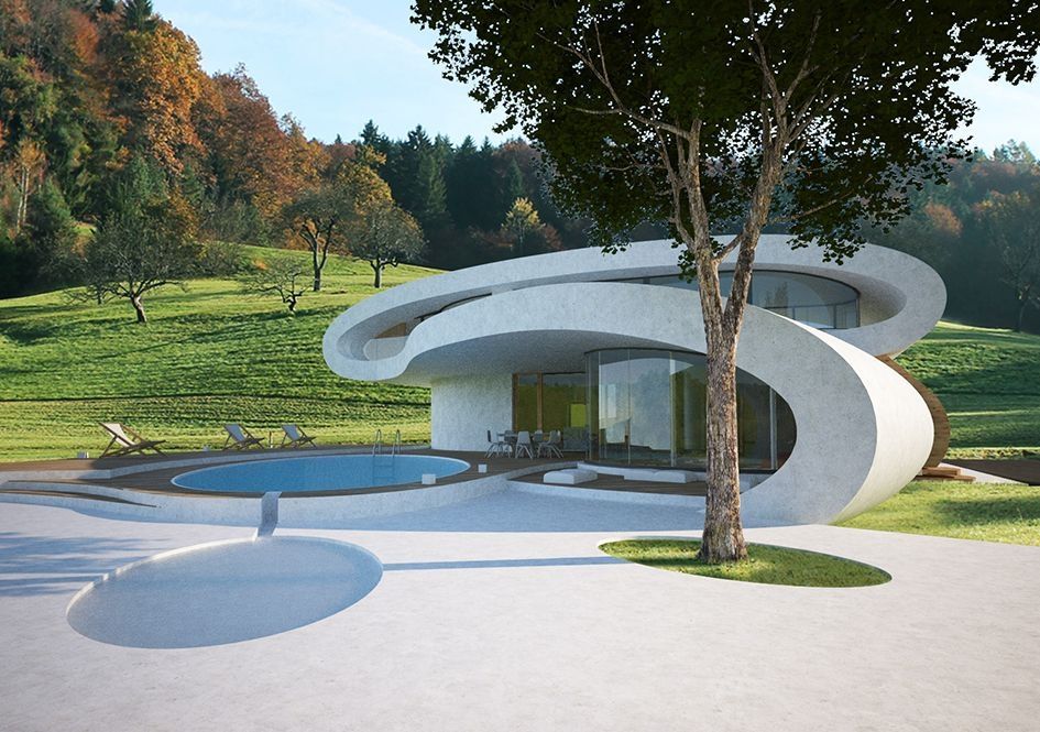 Futuristische Villa mit geschwungener Fassade und Pool