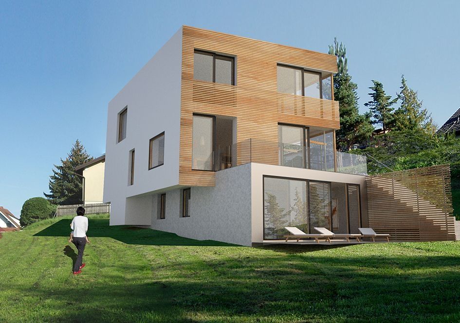 Modernes Wohnhaus mit Holzfassade und Hanglage Dateiname: