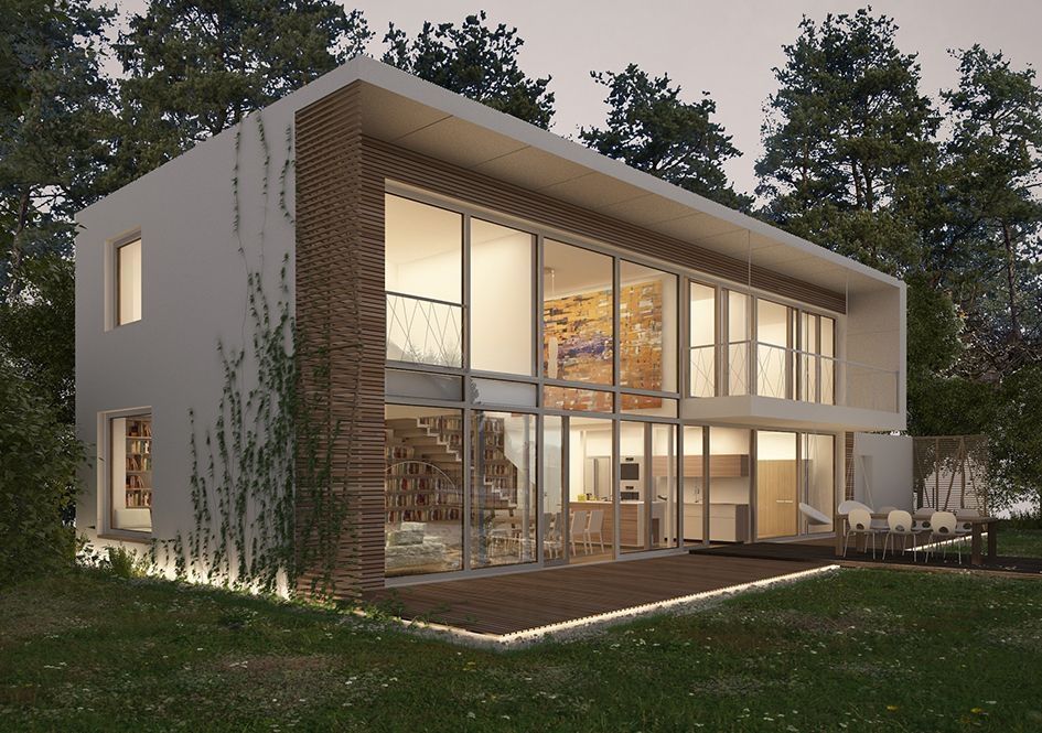 Moderne Villa mit Glasfassade und Holzverkleidung