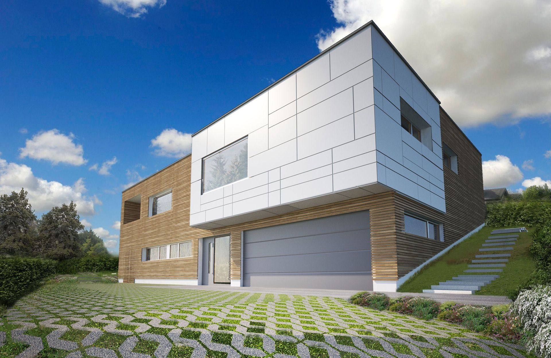 Modernes Wohnhaus mit Holzfassade und weißem Kubus