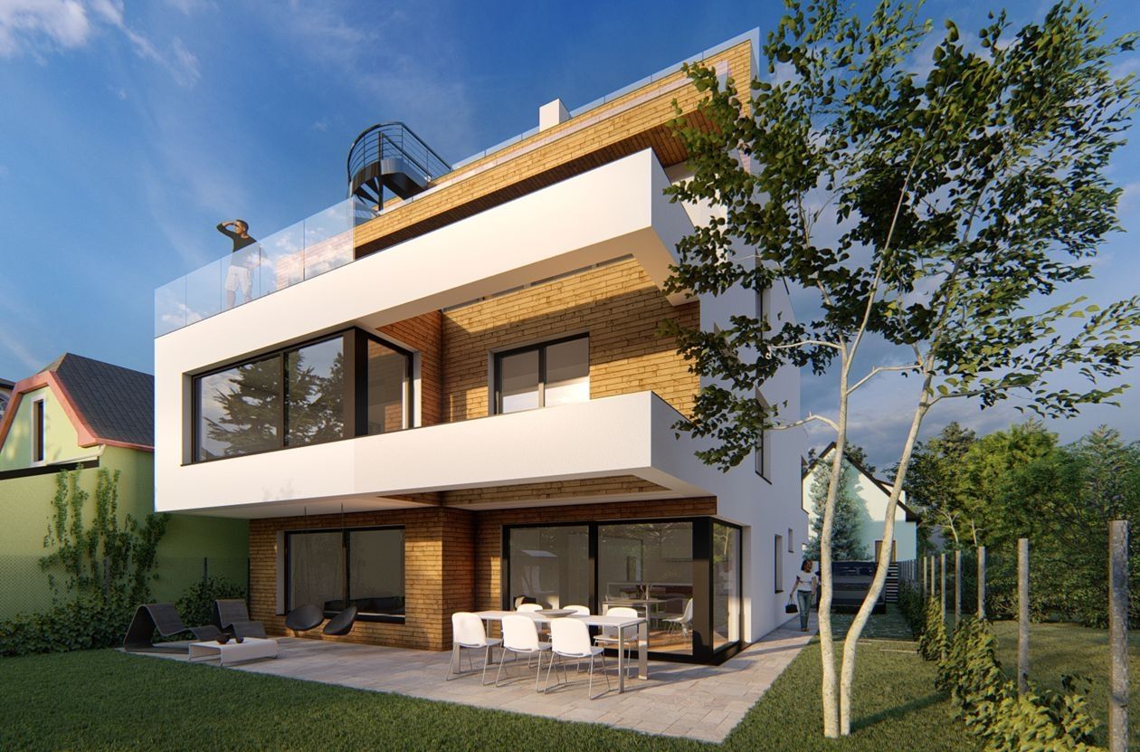 Modernes Mehrfamilienhaus mit Staffelgeschoss und Balkon