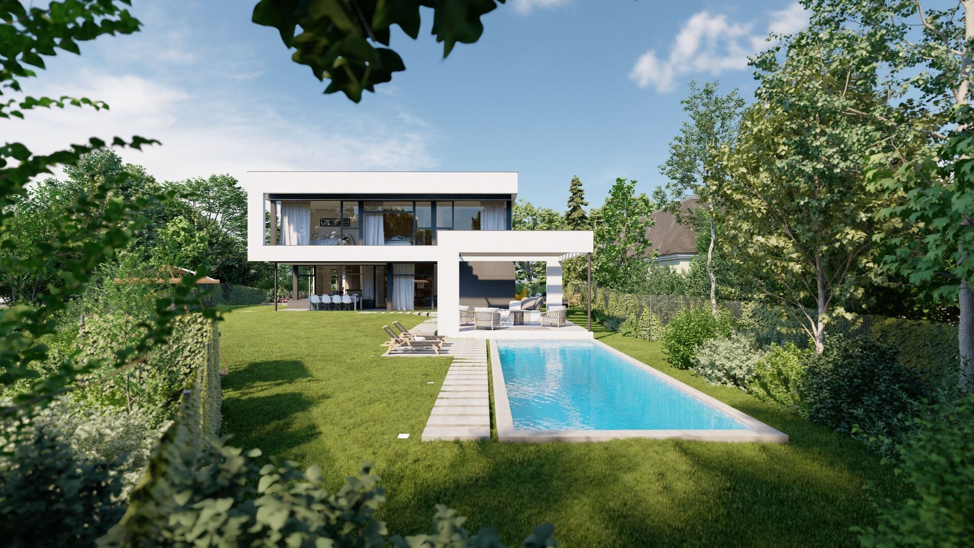 Modernes Einfamilienhaus mit Pool und großer Rasenfläche