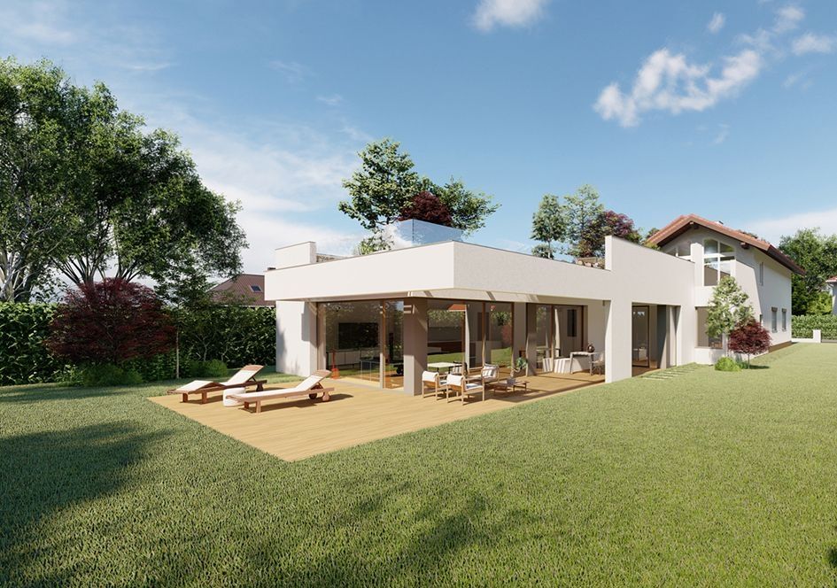 Moderner Flachdach-Bungalow mit großer Holzterrasse