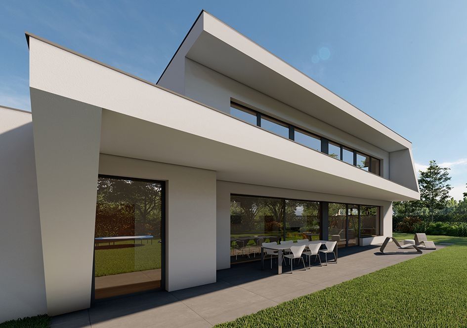 Modernes Flachdachhaus mit überdachter Terrasse