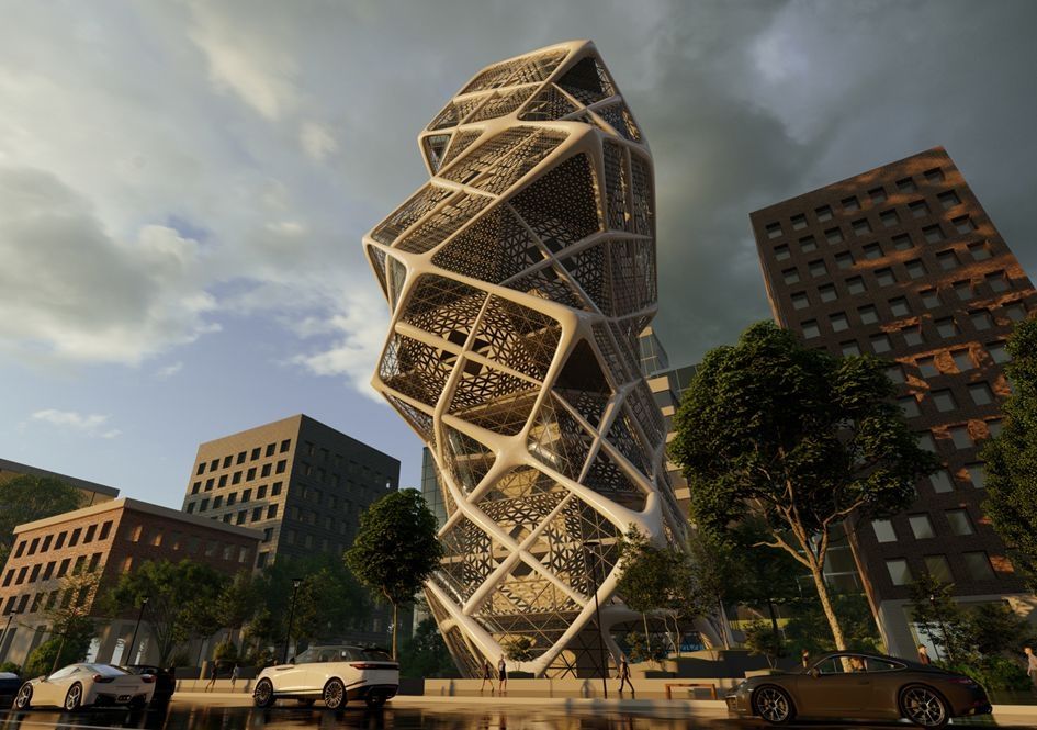 Futuristischer Wohnturm mit organischer Stahlstruktur in der Stadt