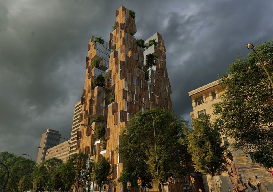 Moderner Wohnturm mit Holzfassade und begrünten Balkonen