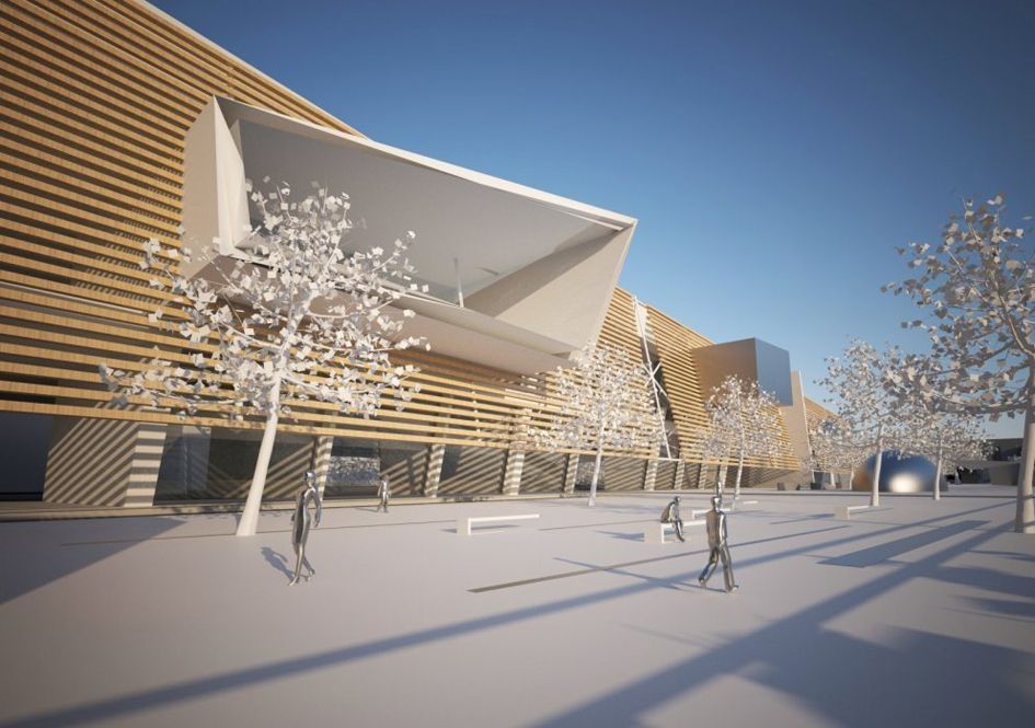 Modernes Kulturgebäude mit markanter Holzfassade