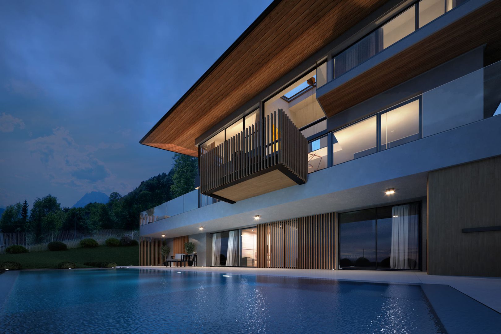 Moderne Villa mit Pool und Holzfassade bei Nacht