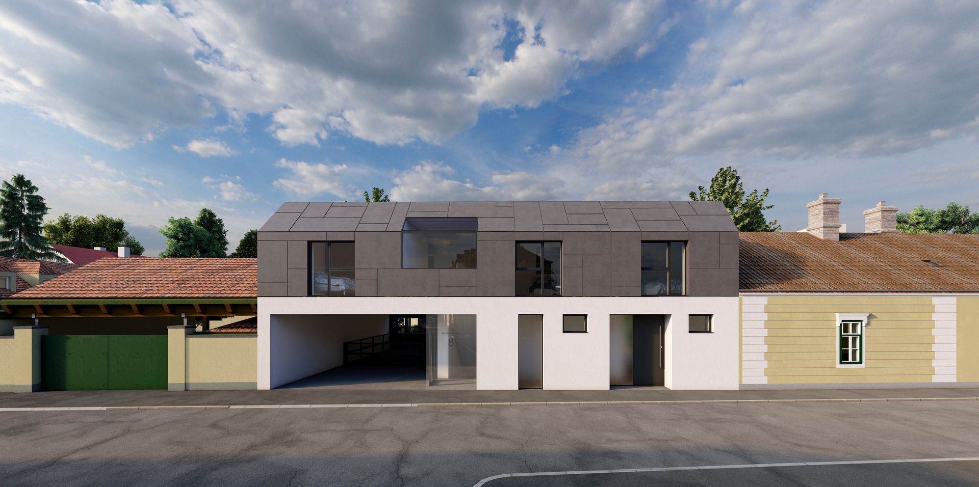 Modernes Doppelhaus mit Carport und dunkler Fassade