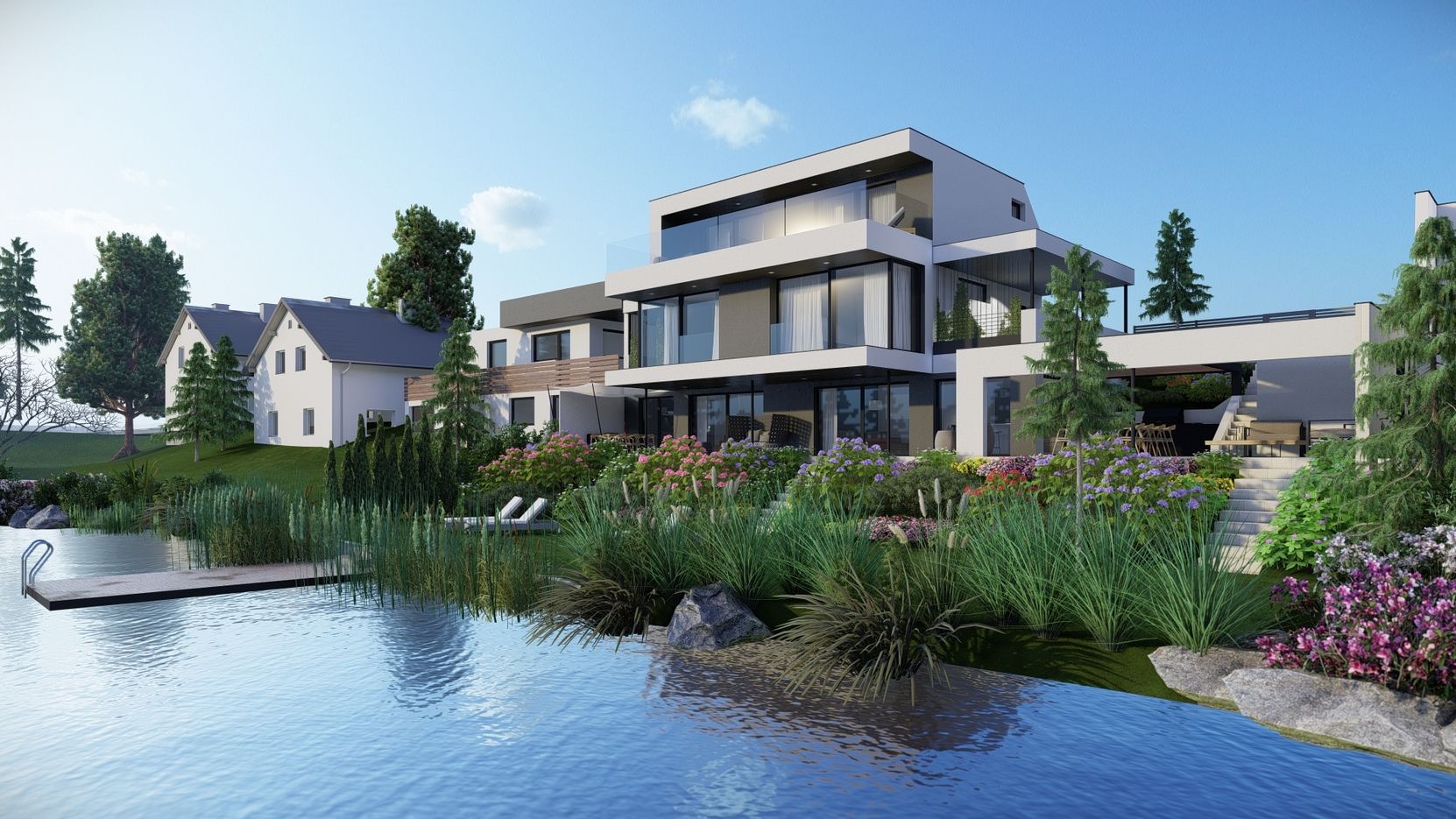 Moderne Villa am See mit großzügiger Glasfassade