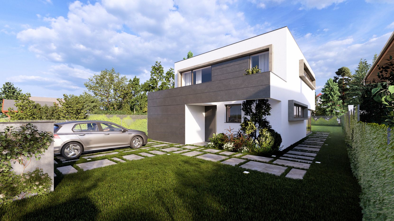 Modernes Einfamilienhaus mit klarer Kubatur und Vorgarten