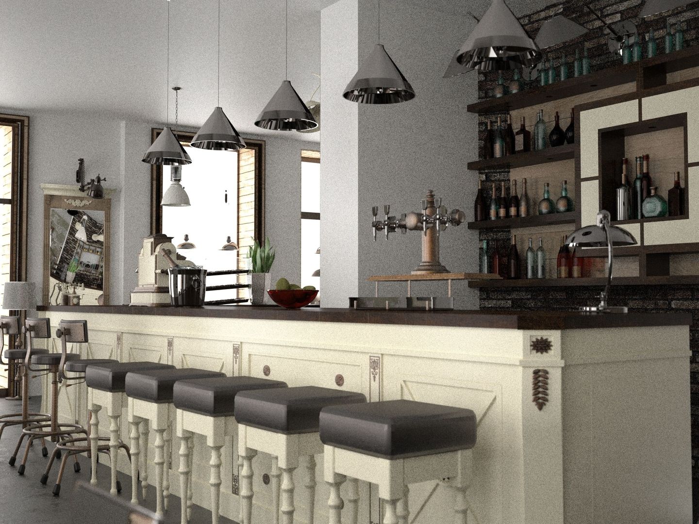 Stilvolle Bar mit Tresen und Barhockern