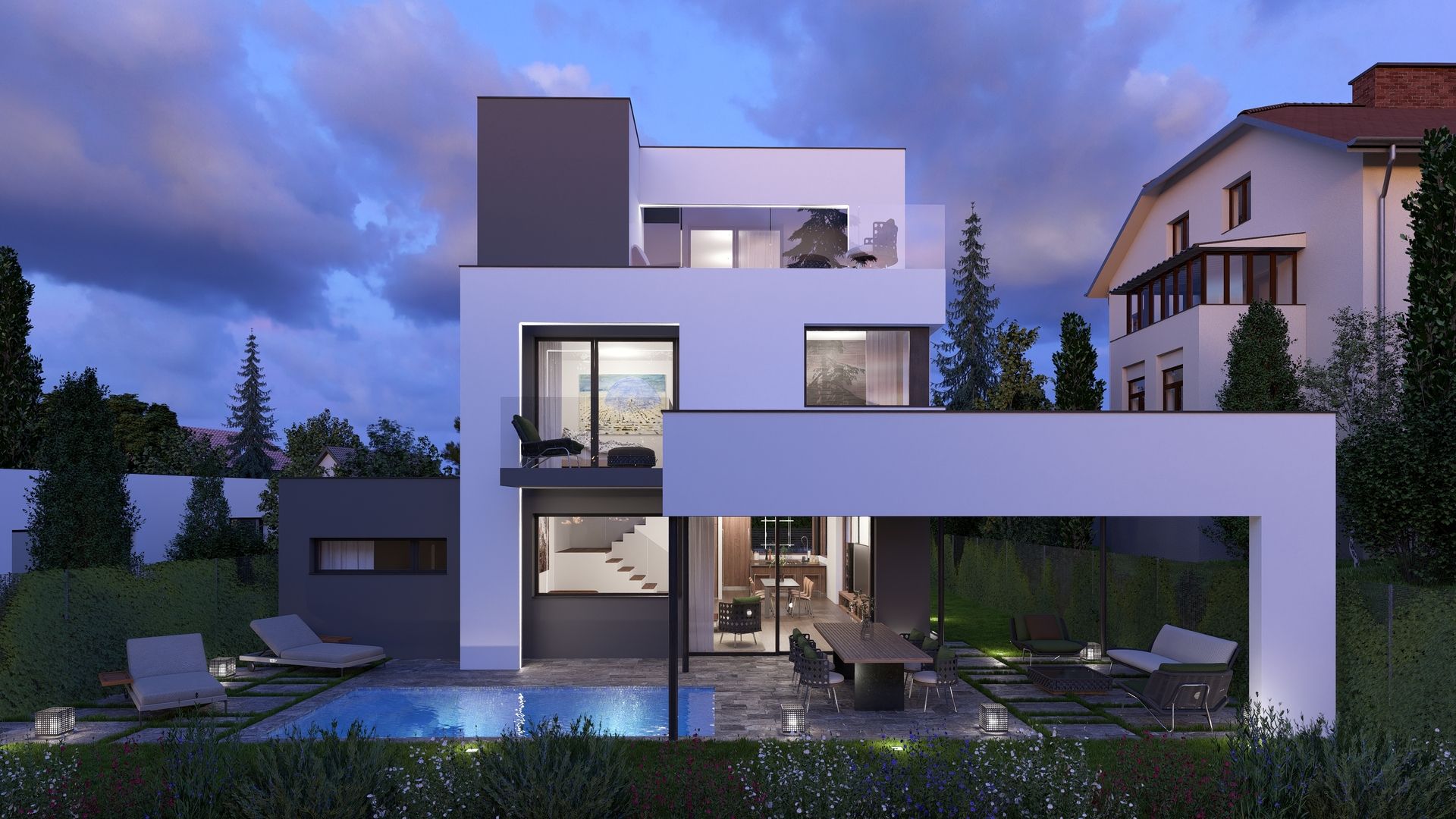 Modernes, kubisch gestaltetes Wohnhaus mit großen Fenstern, Terrasse, Garten und Pool bei Dämmerung