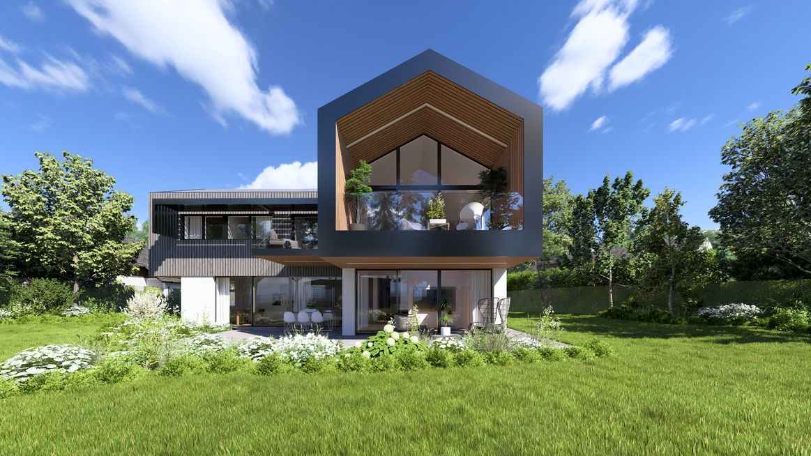 Architektenhaus mit Giebel und großer Glasfront