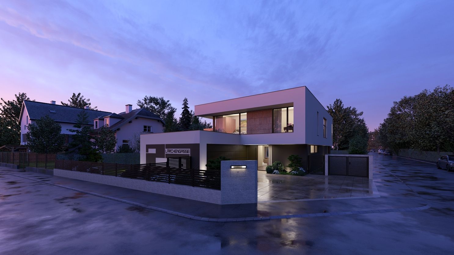 Moderne Villa mit Flachdach und beleuchteter Fassade