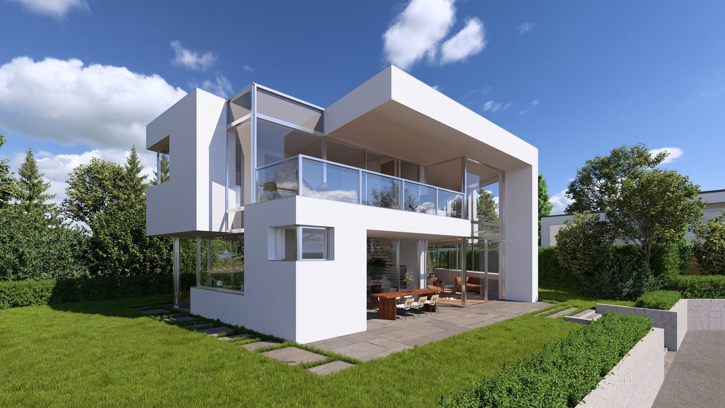 Moderne Villa mit Glasbalkon und großzügiger Terrasse