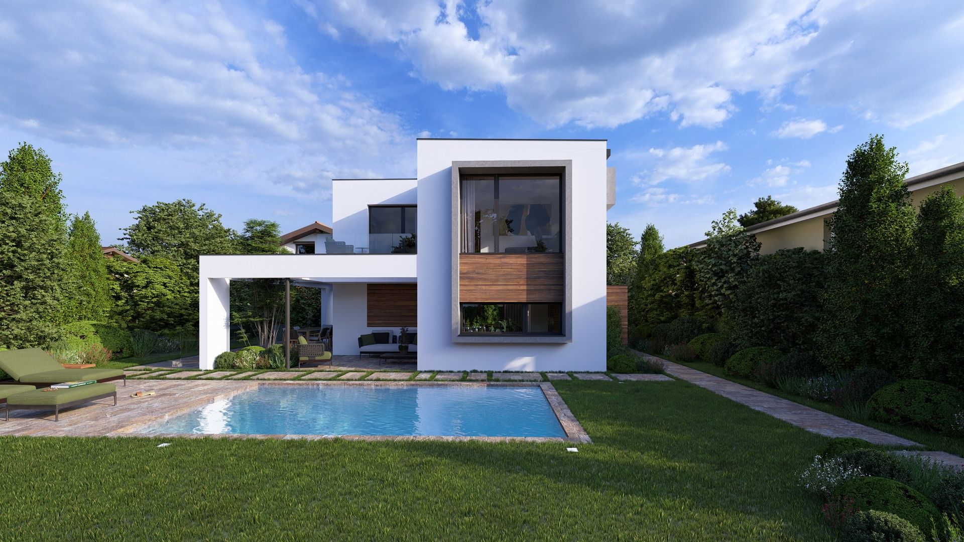 Modernes, kubisch gestaltetes Haus mit großem Fenster und Holzverkleidung vor rechteckigem Pool und gepflegtem Rasen