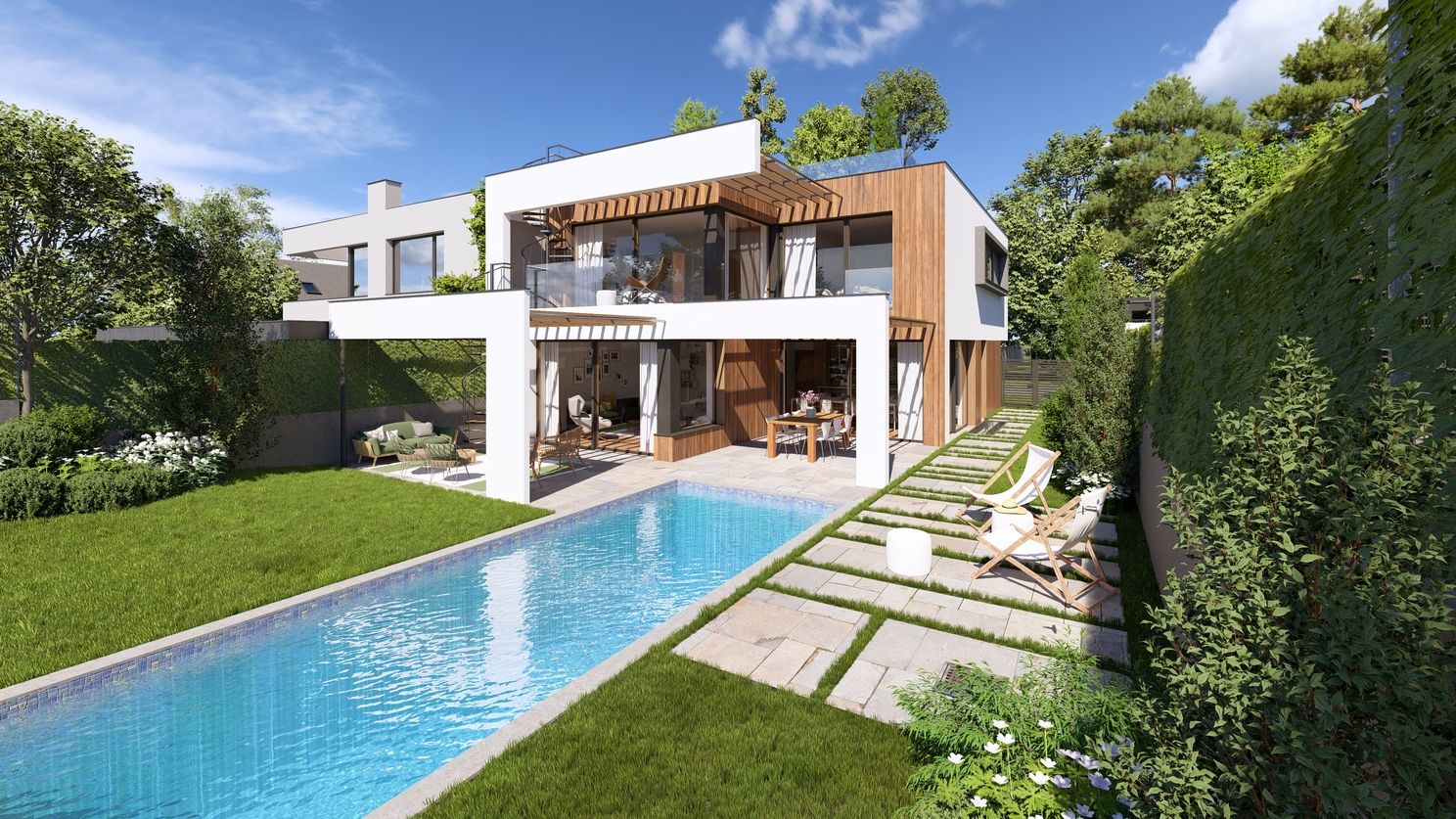 Moderne Villa mit Pool und Holzfassade