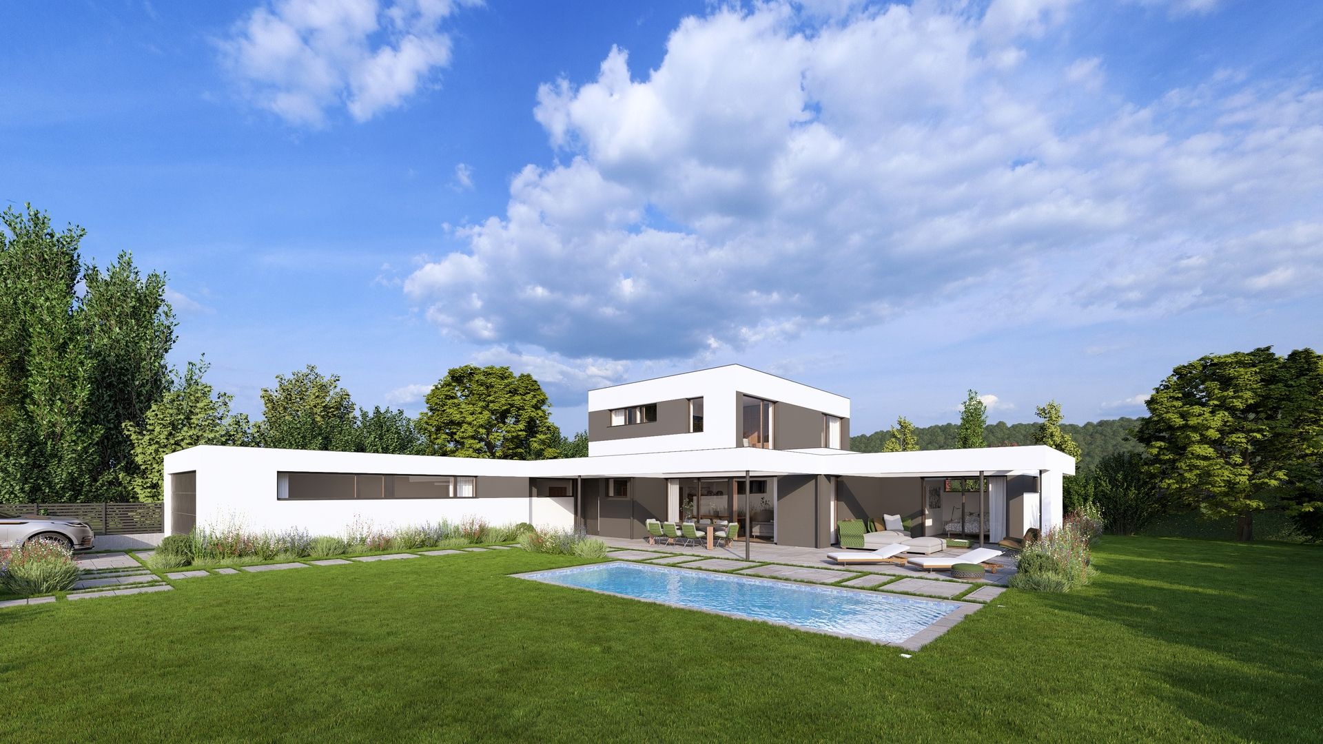 Modernes, weißes Einfamilienhaus mit Flachdach, großem Garten und rechteckigem Pool vor bewölktem Himmel in Wien