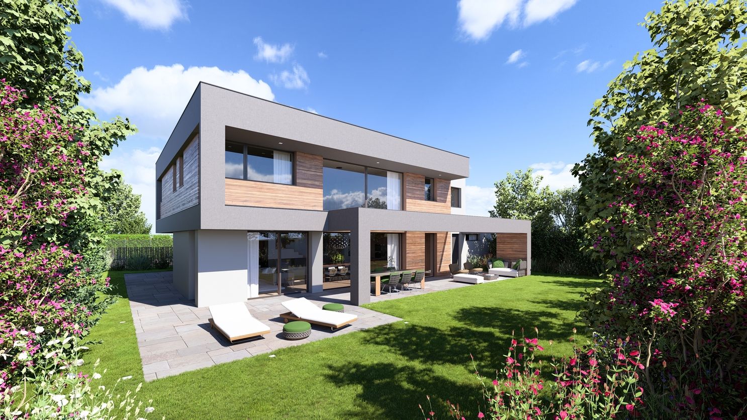 Modernes Einfamilienhaus mit Garage und Holzfassade