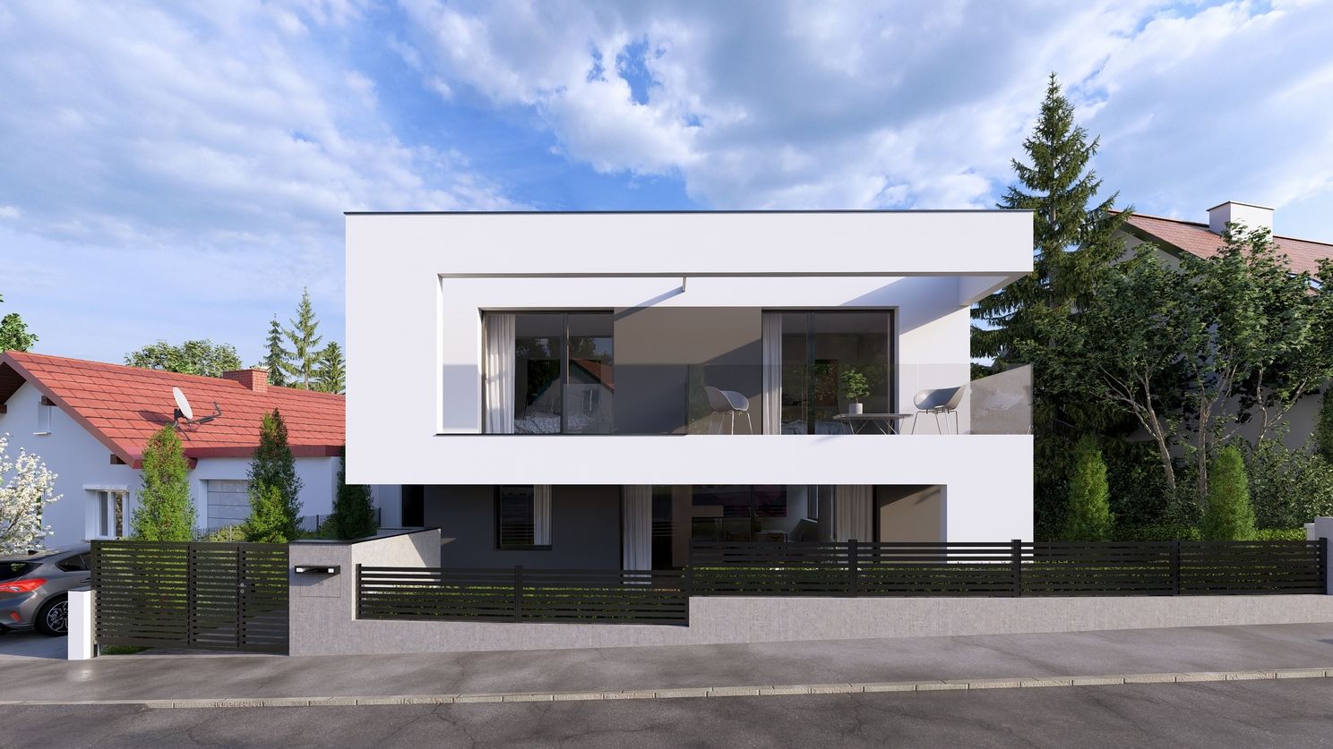 Kubisches Wohnhaus mit großer Fensterfront zur Straße