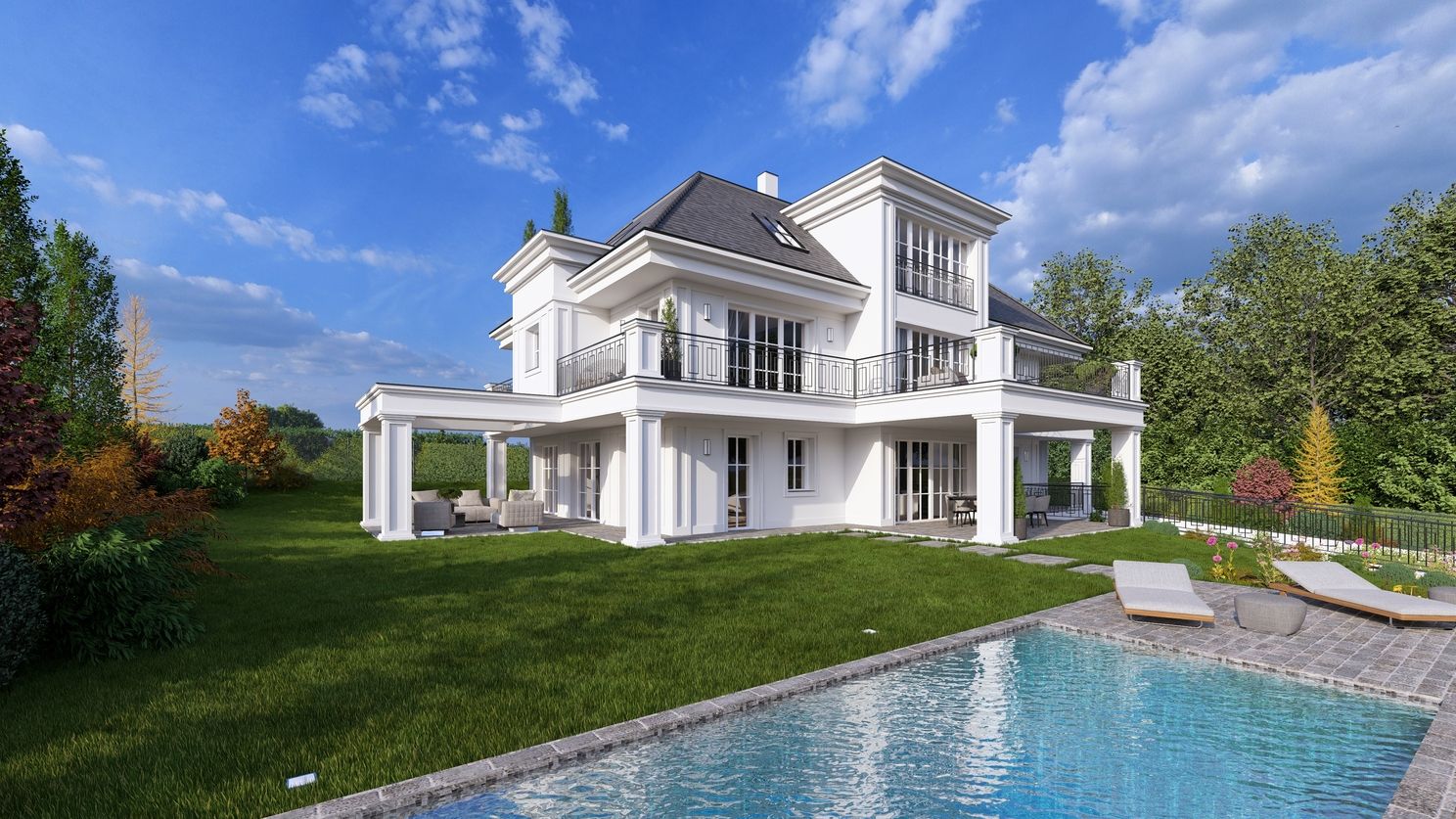 Elegantes Landhaus mit überdachter Terrasse und Garten mit Pool