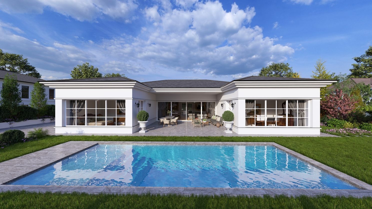 Bungalow mit Pool und großer Fensterfront