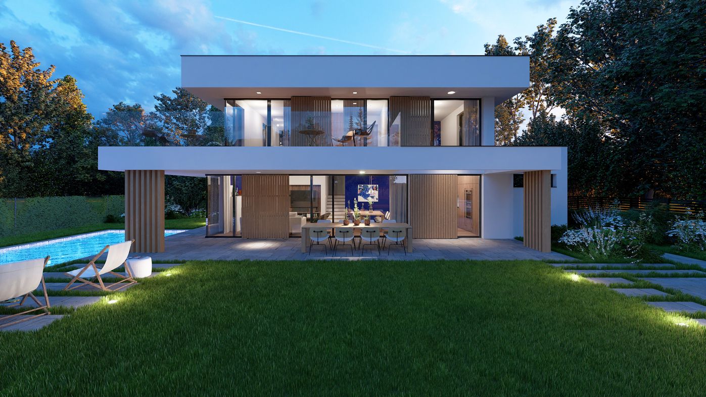 Moderne Villa mit Balkon und Außenbeleuchtung