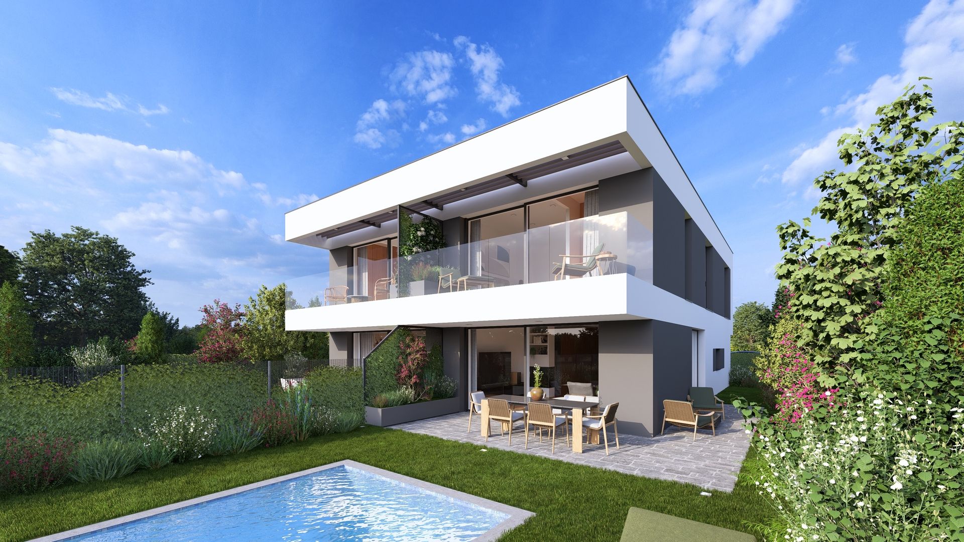 Modernes zweigeschossiges Wohnhaus mit weißer Fassade, großen Fenstern und Carport, umgeben von Rasen und Hecken