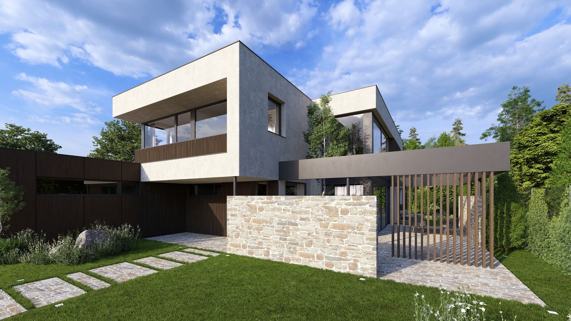 Modernes zweigeschossiges Wohnhaus mit Flachdach, großen Fenstern und einer Steinmauer im Vorgarten