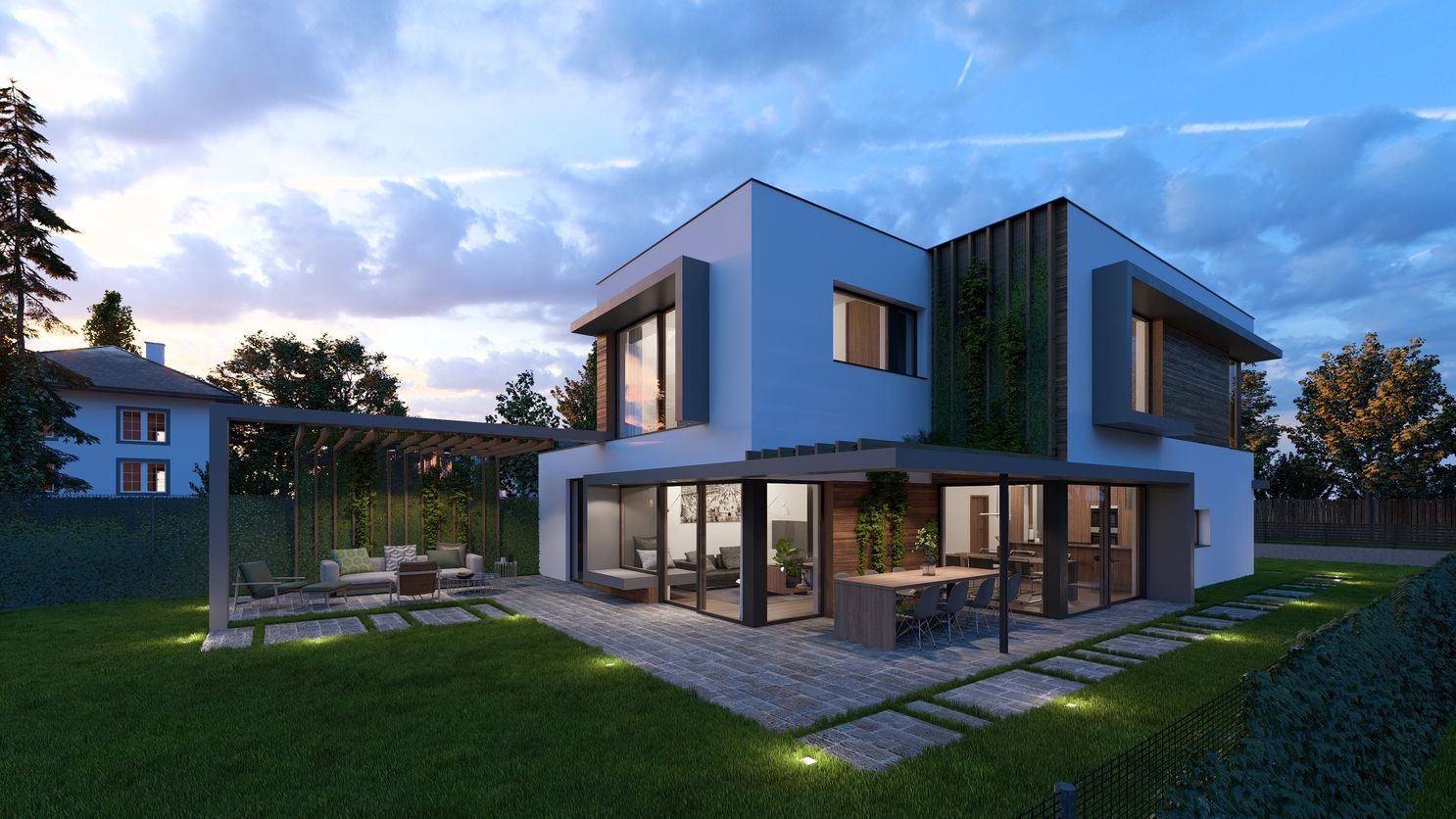 Moderne Stadtvilla mit Flachdach und großer Fensterfront