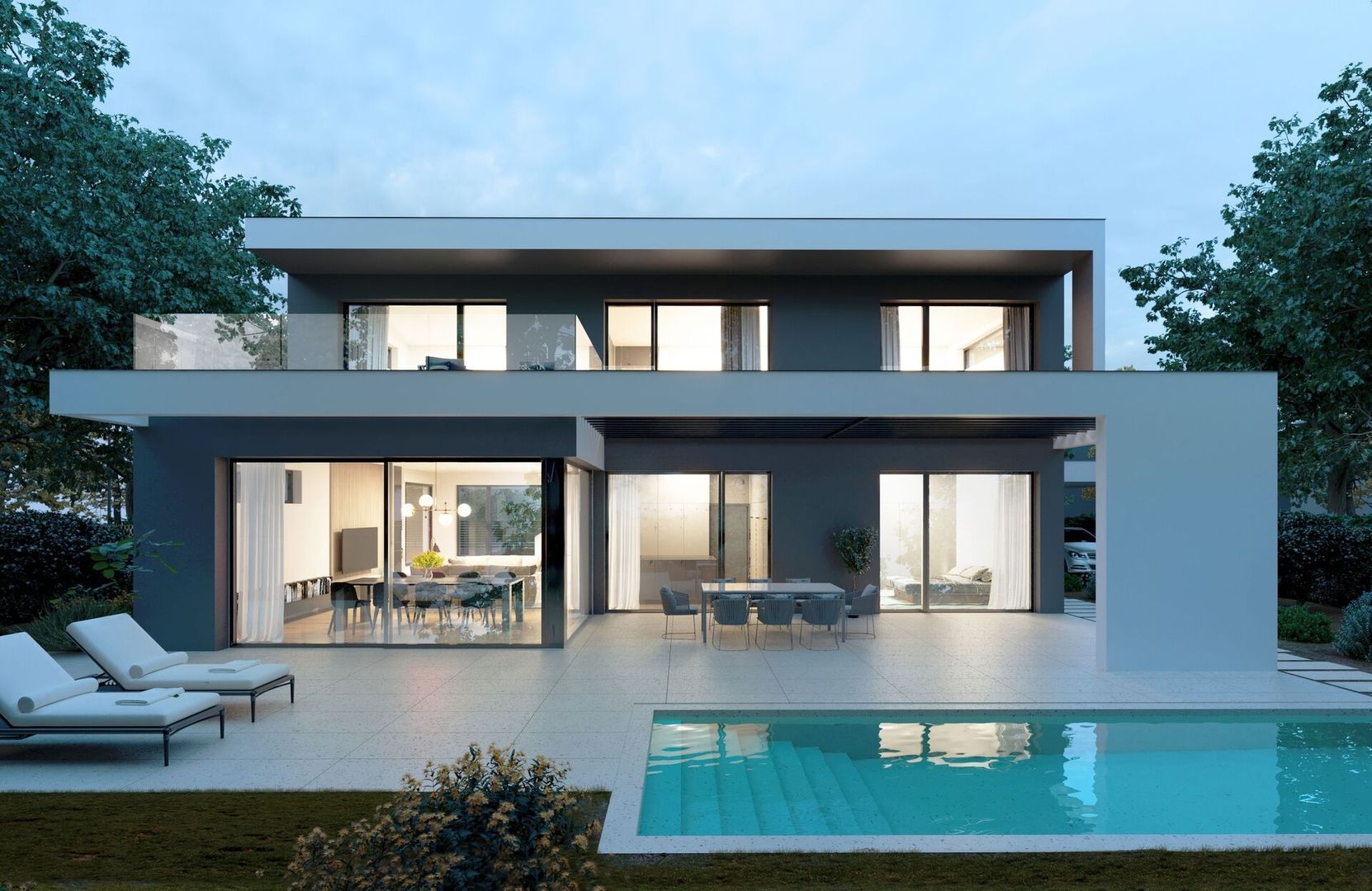 Neubau Villa mit Pool bei Abenddämmerung