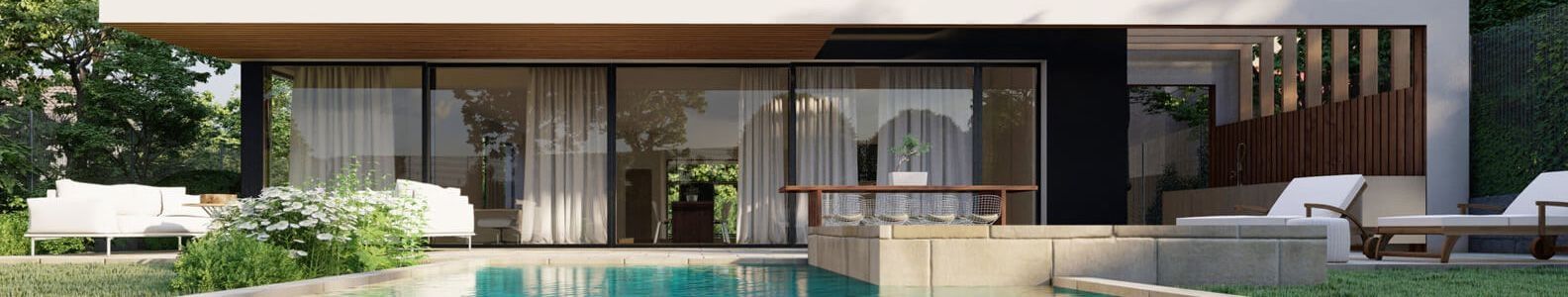 Moderner zweistöckiger Bau mit großem Pool im Vordergrund und Garten mit Sitzmöbeln