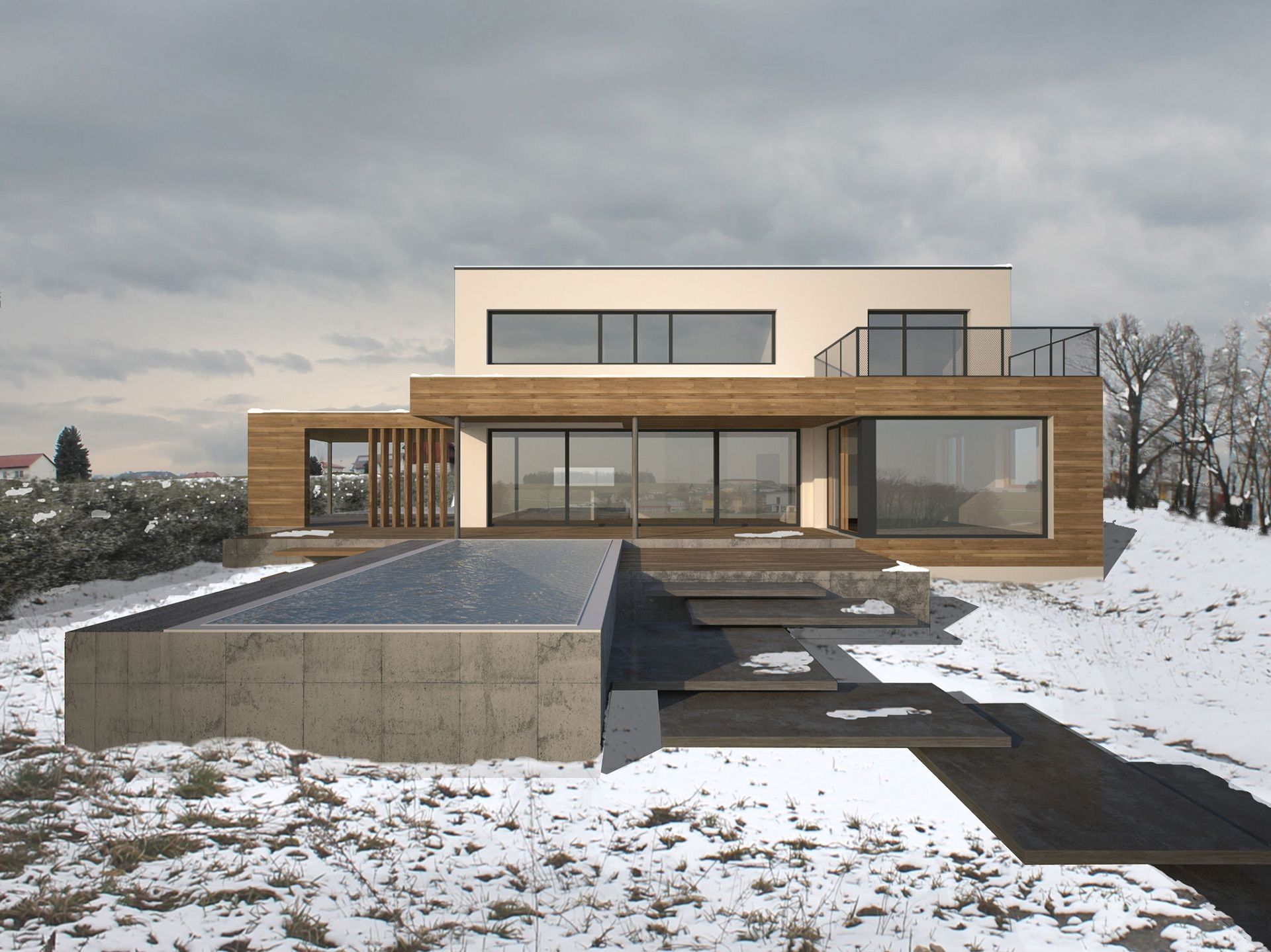 Modernes Flachdachhaus mit Holzfassade im Winter