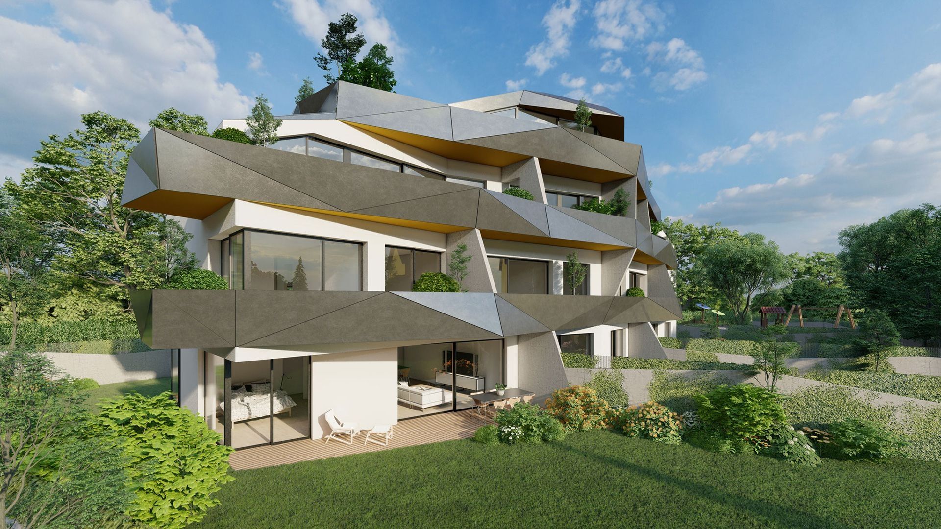 Modernes Terrassenhaus mit gestaffelten Balkonen im Grünen